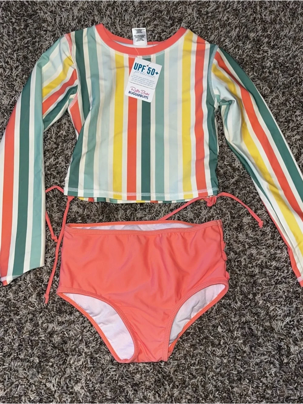 Girls UPF 50+ Coral High-Waist Bikini Bottom & Striped Long-Sleeve Rash Guard